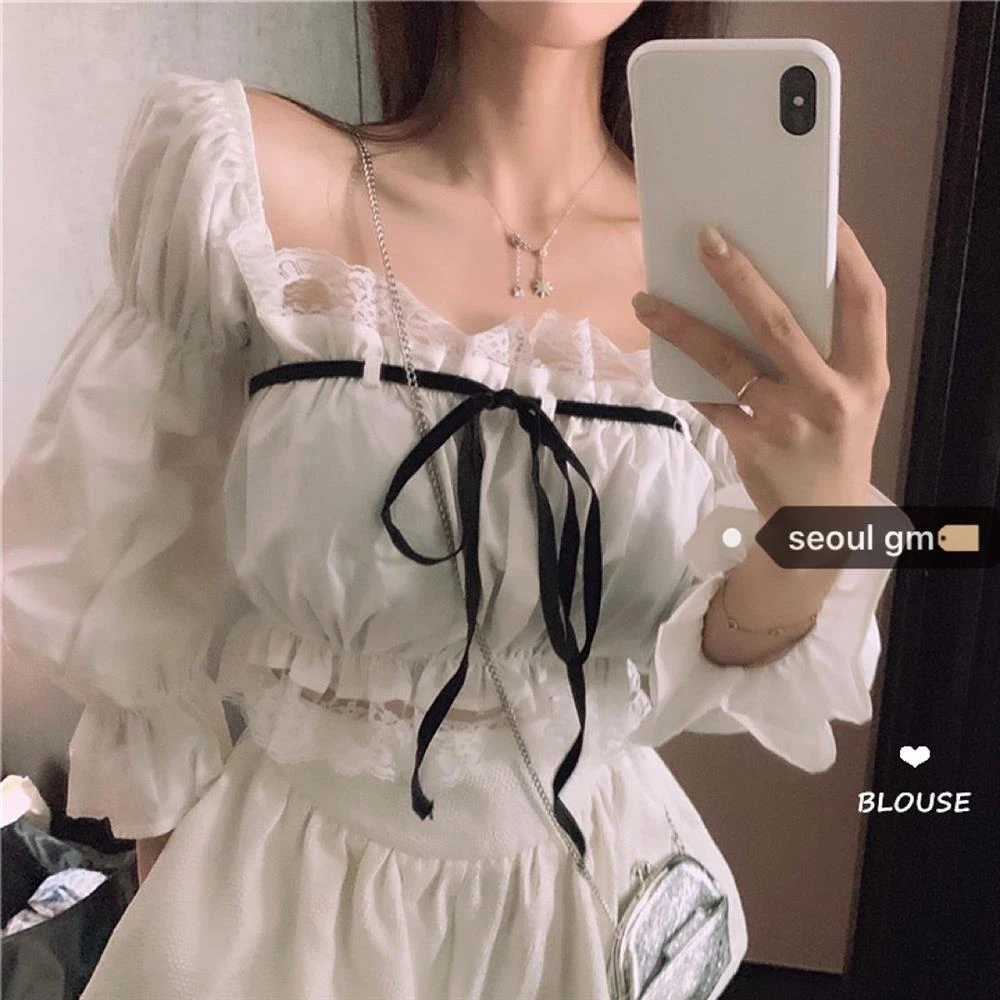blouses & shirts Sexy Top Women Blouse With Lace Up Off Shoulder Tops Puff Sleeve White Shirt Vintage Ruffle Crop Top Solid Color Black Female shirts & tops