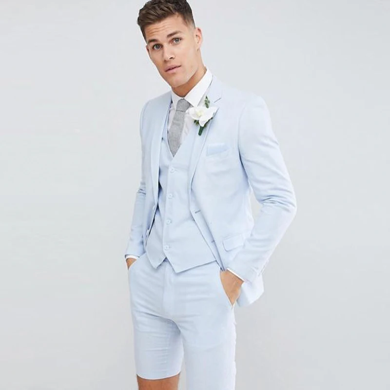 

Mens Suits with Short Pants Wedding Suits Groom Tuxedos 3 Pieces Jacket+Pants+Vest Summer Groomsmen Suits for Party