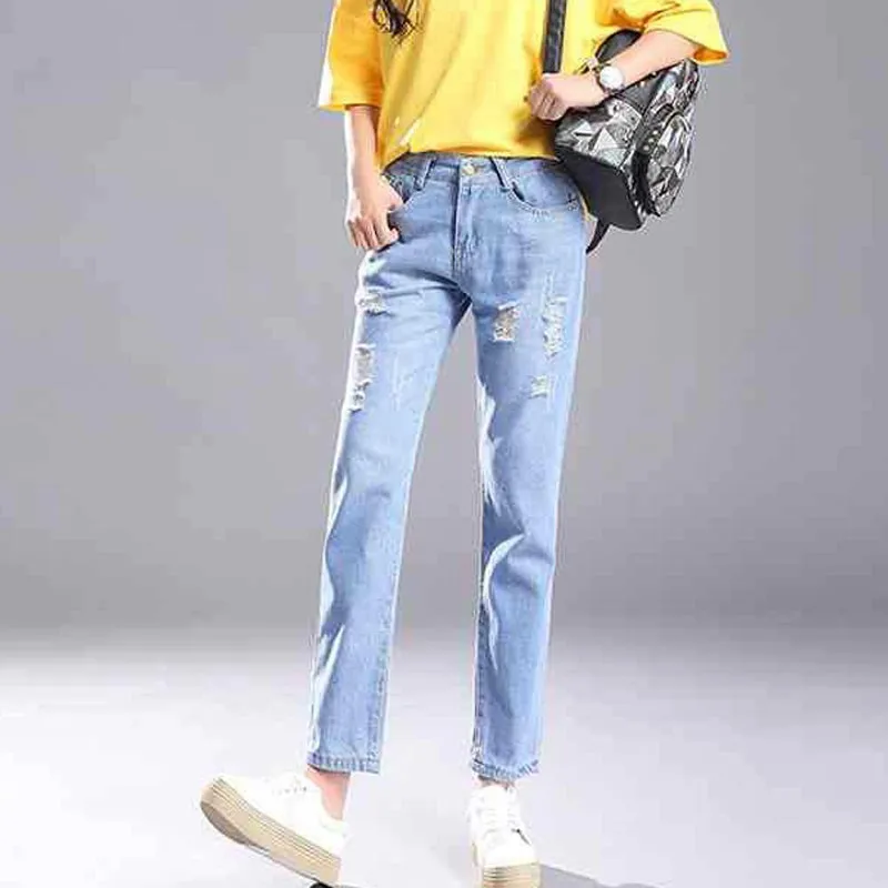 New Korean solid color straight high waist jeans fashion loose casual ankle long hole nine points jeans women