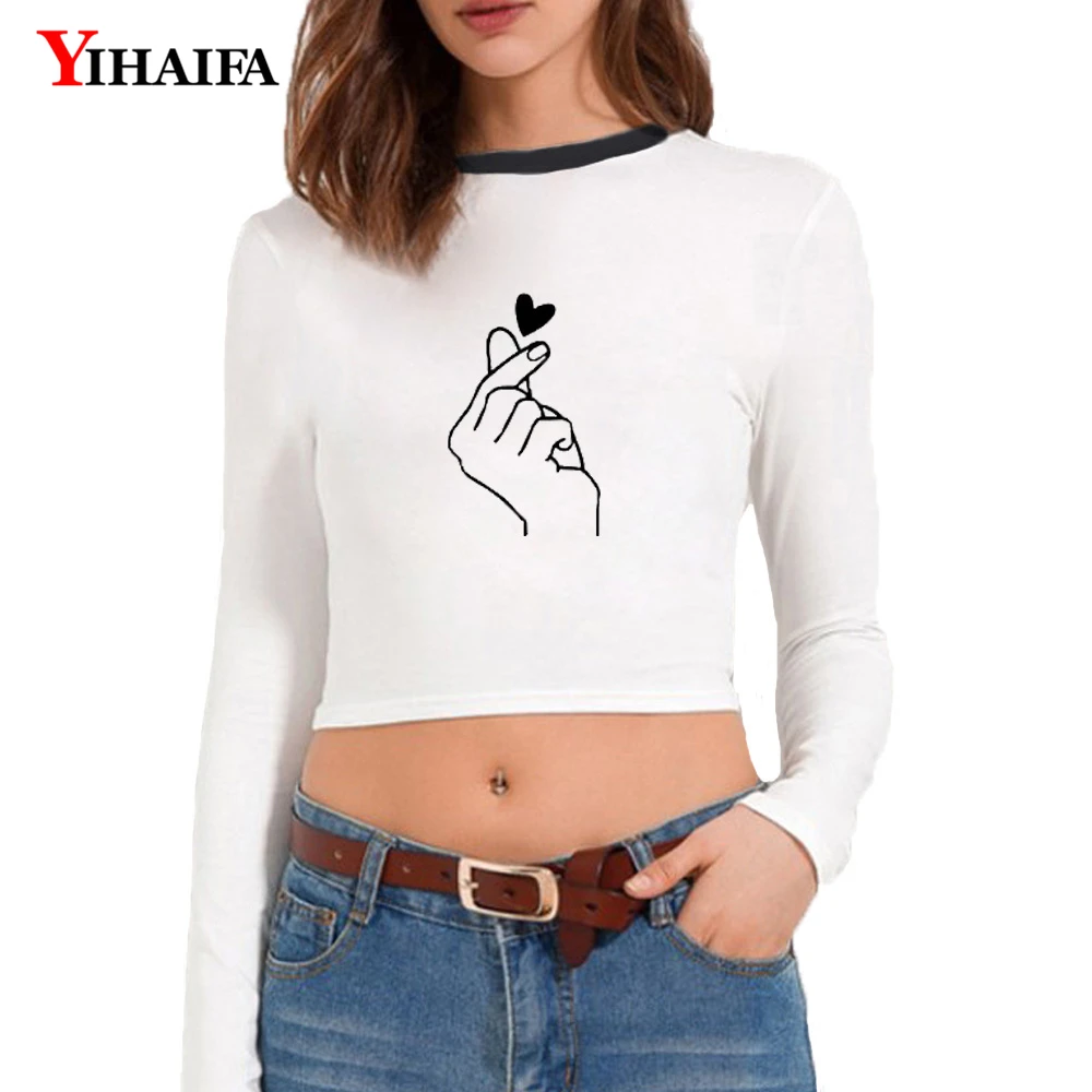 YIHAIFA новейший женский укороченный Топ с длинным рукавом Уличная футболка принтом