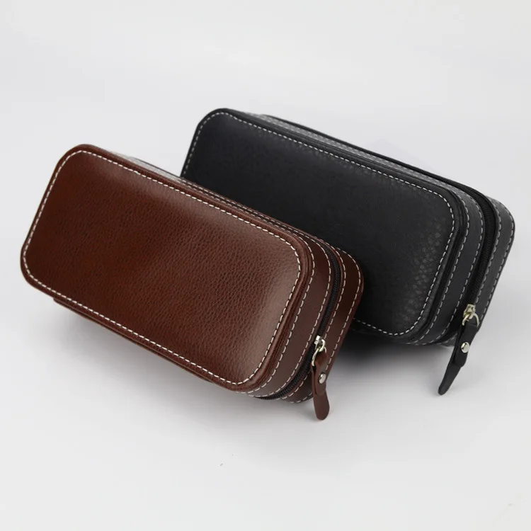 

2-Bit Watch Box Brown PU Leather Watch Storgage Bag Portable Watch Zipper Bag