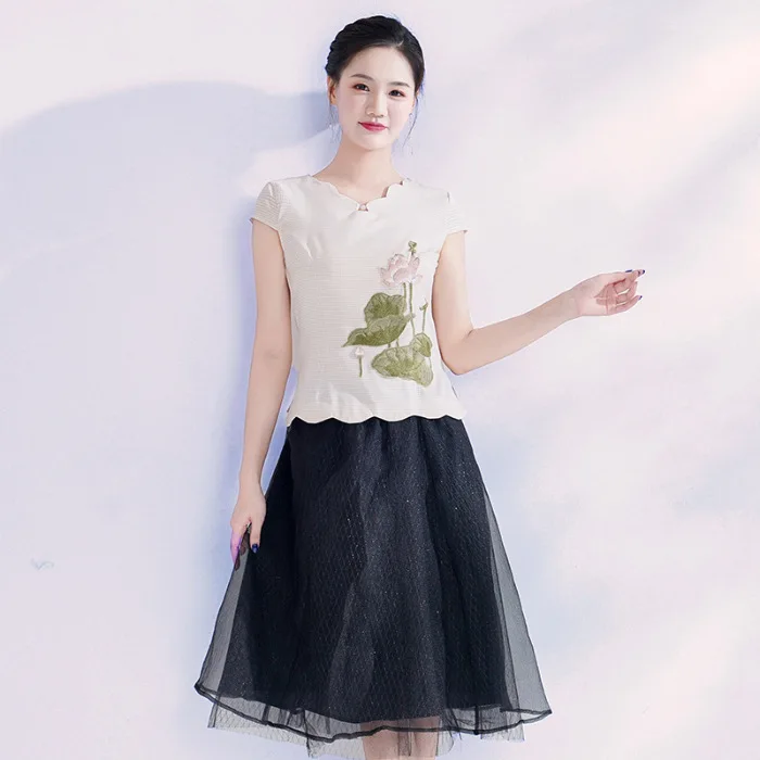

Origional 2020 Spring New Style Retro Embroidered Improved Cheongsam Dress Gauze A- line Skirt Two-Piece Set