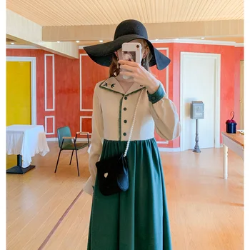 

College Style Vintage Spring Autumn Long Sleeve Dress for Women Flower Embroidery High Waist V Neck Ultra Long Dress Female