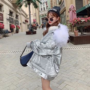 

Ailegogo Winter Women Silver Big Natural Fur Collar White Duck Down Parkas Loose Female Black Hooded Snow Warm Coat Outwear