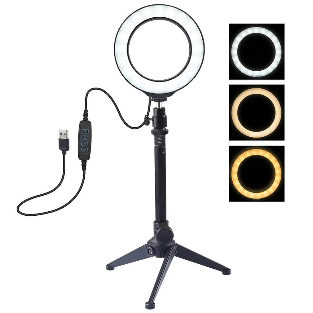 4.6/6.2 Inch USB 3 Modes Dimmable Led Ring Vlogging Photography Lights + Desktop Tripod Holder With Cold Shoe Tripod Ball Head