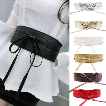 

1 Pc Fashion Lente Herfst Vrouwen Lady Fashion Metallic Kleur Zachte Faux Lederen Brede Riem Zelf Tie Wrap Taille Mujer jurk