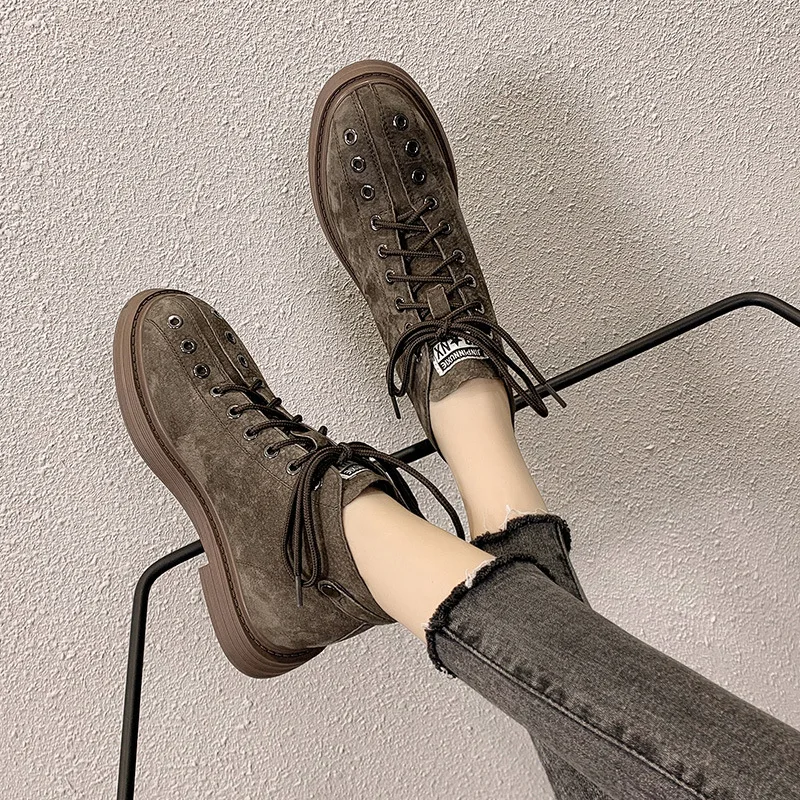 

Autumn And Winter Chunky-Heel Waterproof Platform Lace-up Suede Ankle Boots Breathable Retro Martin Boots Women's Low Heel Anti-
