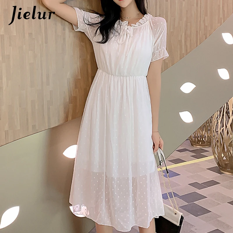 

Jielur Summer Women Dresses V-neck Lace Up Chiffon Polka Dots Dress Korean Short Sleeved Solid Color A-line Vintage Vestidos