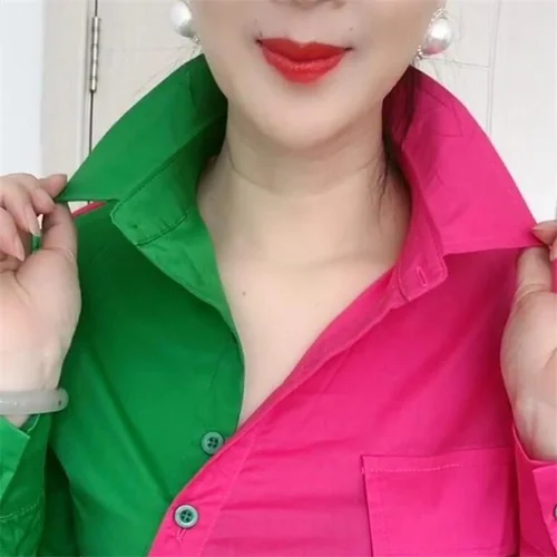 여성용 사선 플래킷 시크 컬러 매칭 블라우스, 라펠 긴팔 패치워크, 컬러 대비 스트리트웨어, 여성 블라우스 셔츠 4