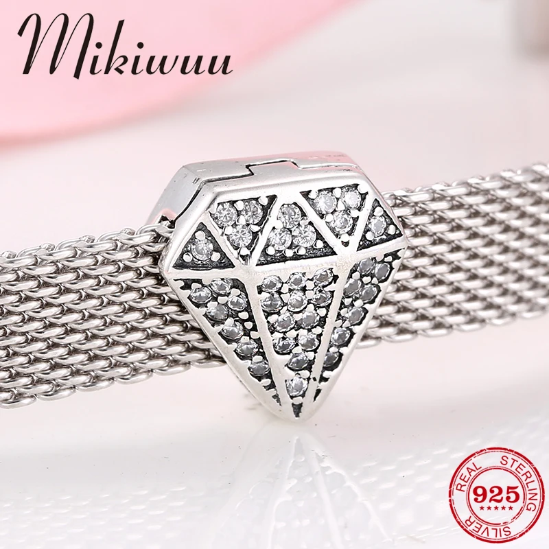 

100% 925 Sterling Silver Diamond shape Dazzling Zircon Clip Beads Charm Fit Original Reflection Bracelet Fine Jewelry making