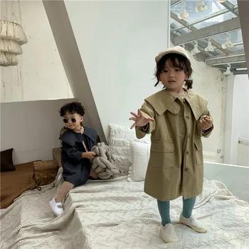 

Autumn fashion girls solid color long trench coat boys loose wild lapel coat jacket