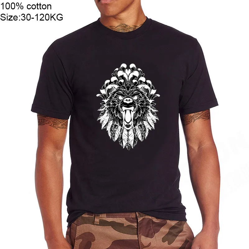 Bear Grizzly Roar Tattoo Feathers peony Distressed on sale Men brand tshirts 100% cotton gift t-shirt lion king male tv t shirts | Мужская