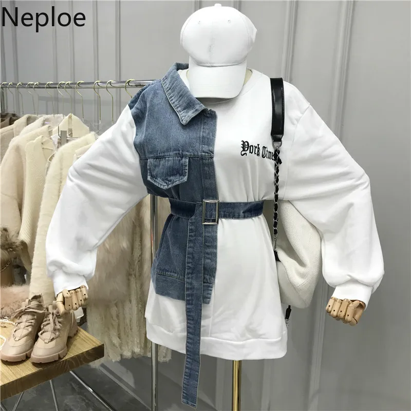 Neploe пуловер с круглым вырезом и буквенной вышивкой, толстовки, модный джинсовый лоскутный тонкий приталенный пояс, толстовка с длинным рукавом, Женский Топ 48033