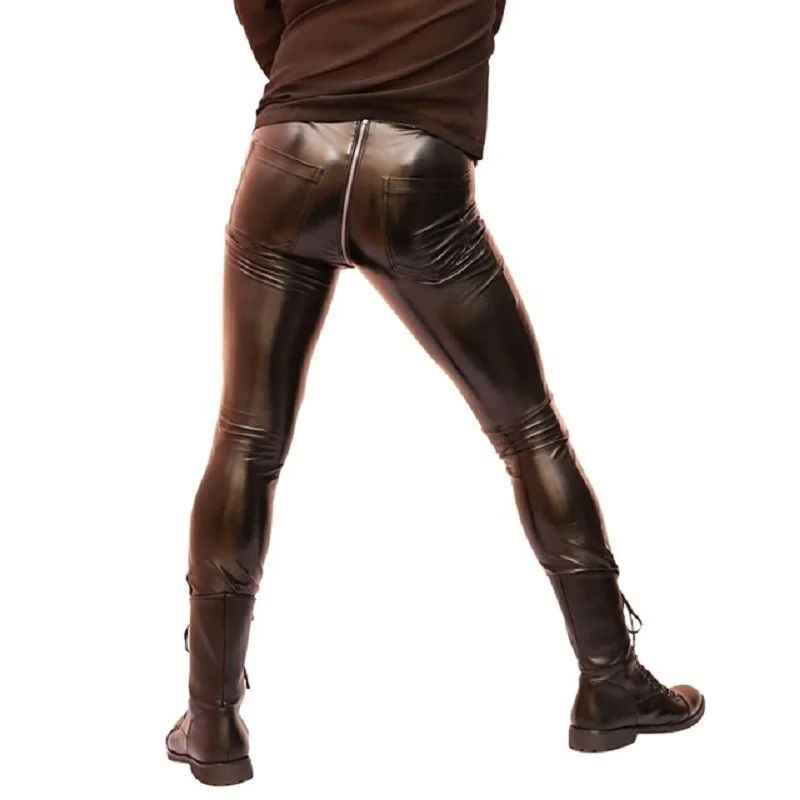 Description Picture 5 of itemMens Bottoms High Stretch Tight PU Faux Leather Skinny Pencil Pants Casual Trousers Zipper Open Crotch Punk Style Stage Leggings