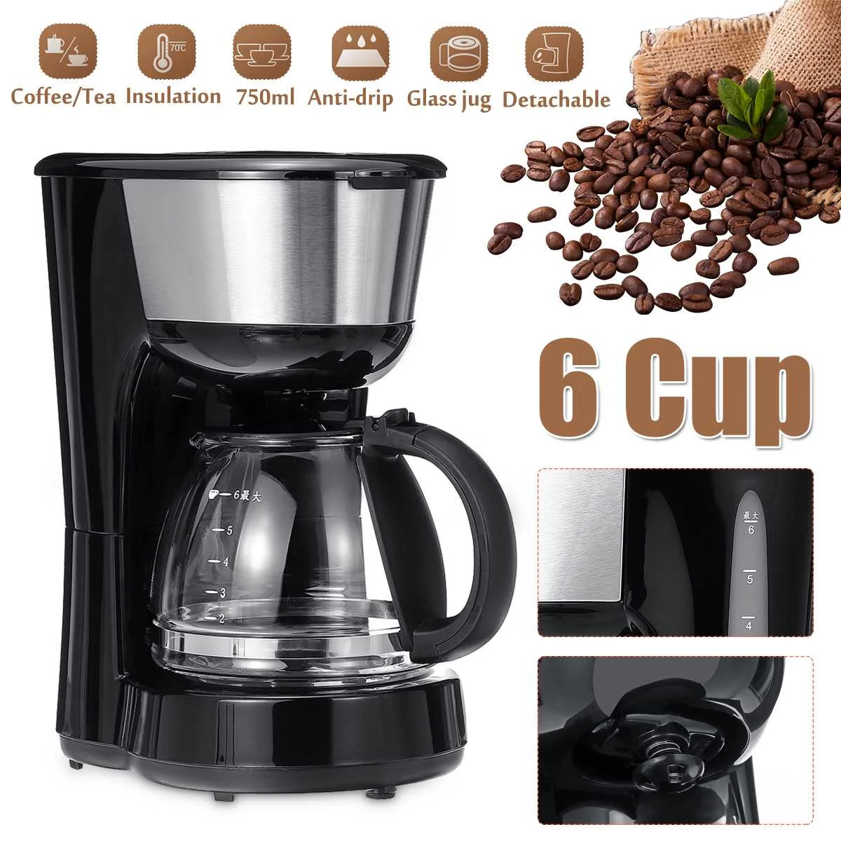 

Becornce Coffee Machine 750ML Household Office American Style Drip Tea/Coffee Making 6 Cup Coffee Maker 600W Temperature Control