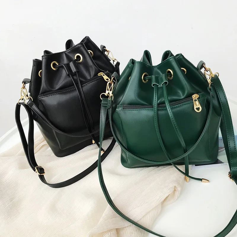 

Women's New Style Pu Korean-style Pull-belt Bucket Bag Solid Color Crossbody Bag