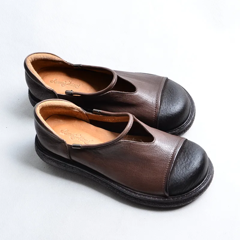 Online HUIFENGAZURRCS Literatur und Kunst Retro Wahre Leder Runden Kopf Dicken Boden Schuhe Handgemachte Bequeme Schuhe mit Flacher Mund