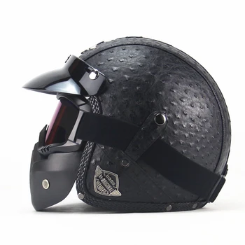 

Motorcycle Helmet With Goggle Mask Vintage PU Leather Open Face Helmets 3/4 Motorcycle Chopper Bike Helmet casque moto