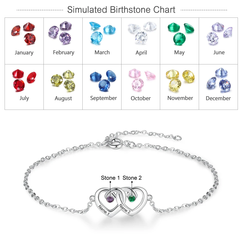 JewelOra Personalized Double Heart Bracelet Customized Birthstone Engraving Name Couple Bracelets for Women Romantic Gift