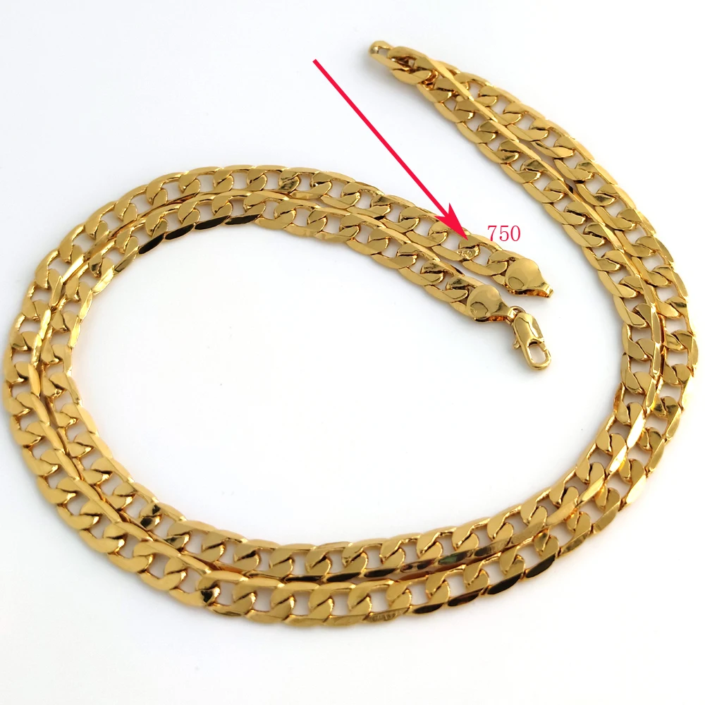 

18 K Solid Yellow Gold Filled curb Cuban Link Chain Necklace curb Italian Stamp 750 Men's Women 7mm 75CM long Hip-Hop