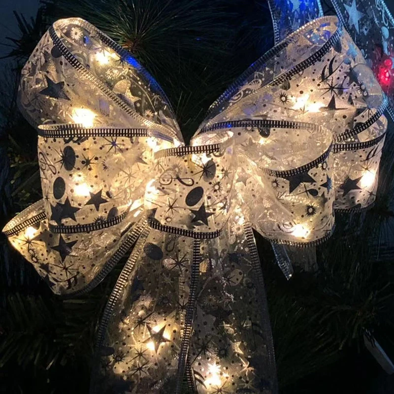 Творческий Серебряный и принтом в виде банта с светодиодный свет Ёлочные банты светящиеся бантом рождественское ручное творчество бант для подарков украшения Рождественские украшения