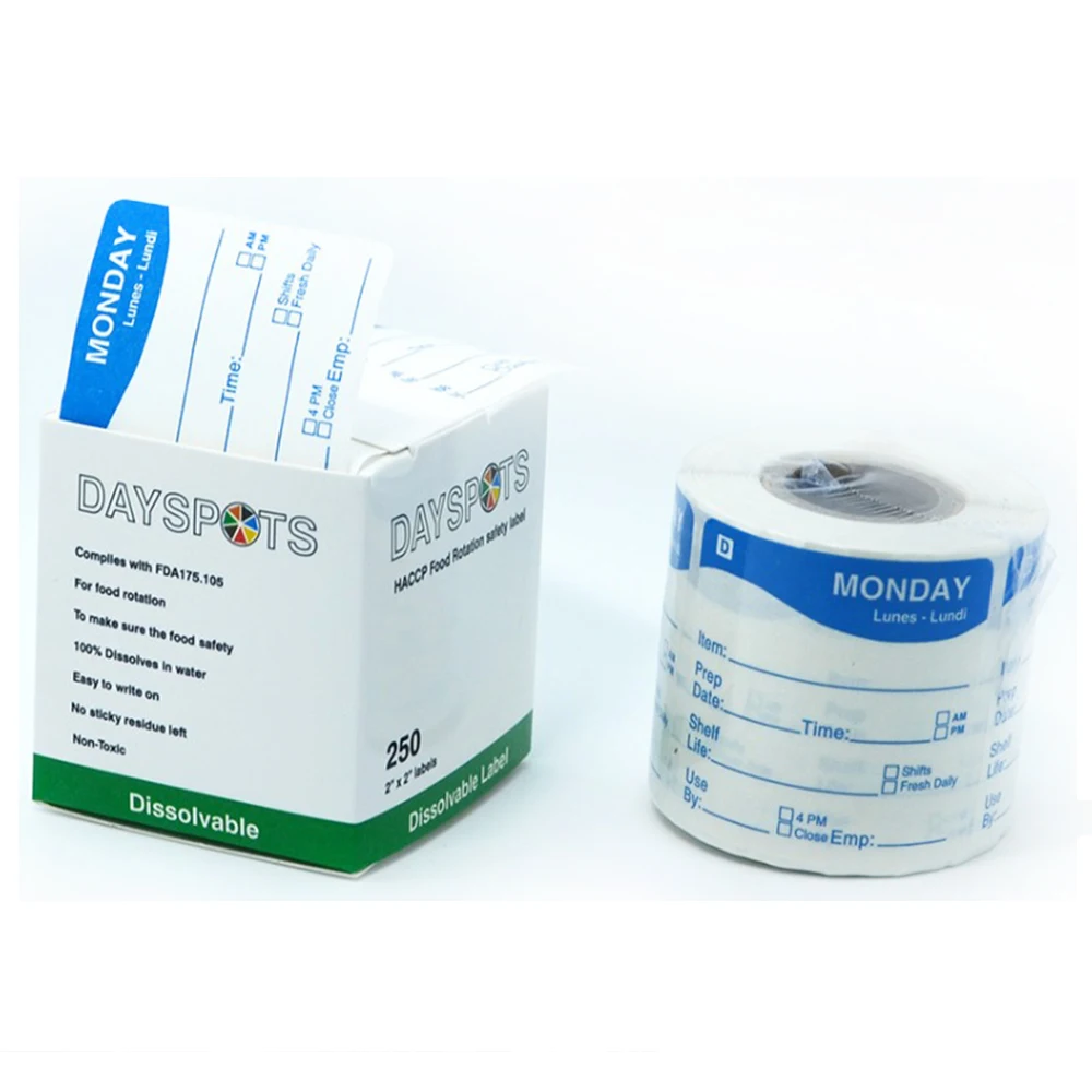 HYDS-DL2x2 этикетки для хранения даты еды " X 2" Dissolvable пищевой день недели наклейки вращения, 250/рулон