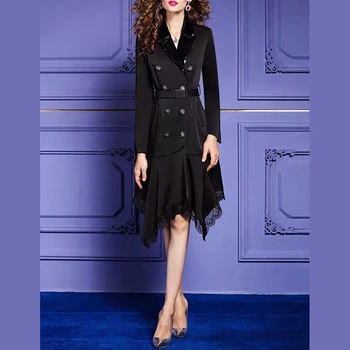 

Women Runway Dress 2019 High Quality Notched Long Sleeve Sequined Double Breasted Belt Irregular Casual Dress Vestidos NP0803A