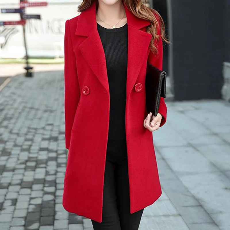 

2019 Plus Size Autumn Winter Women Lapel Neck Long Sleeve Casual Wool Blends Coat Solid Button Long Outwear Oversize
