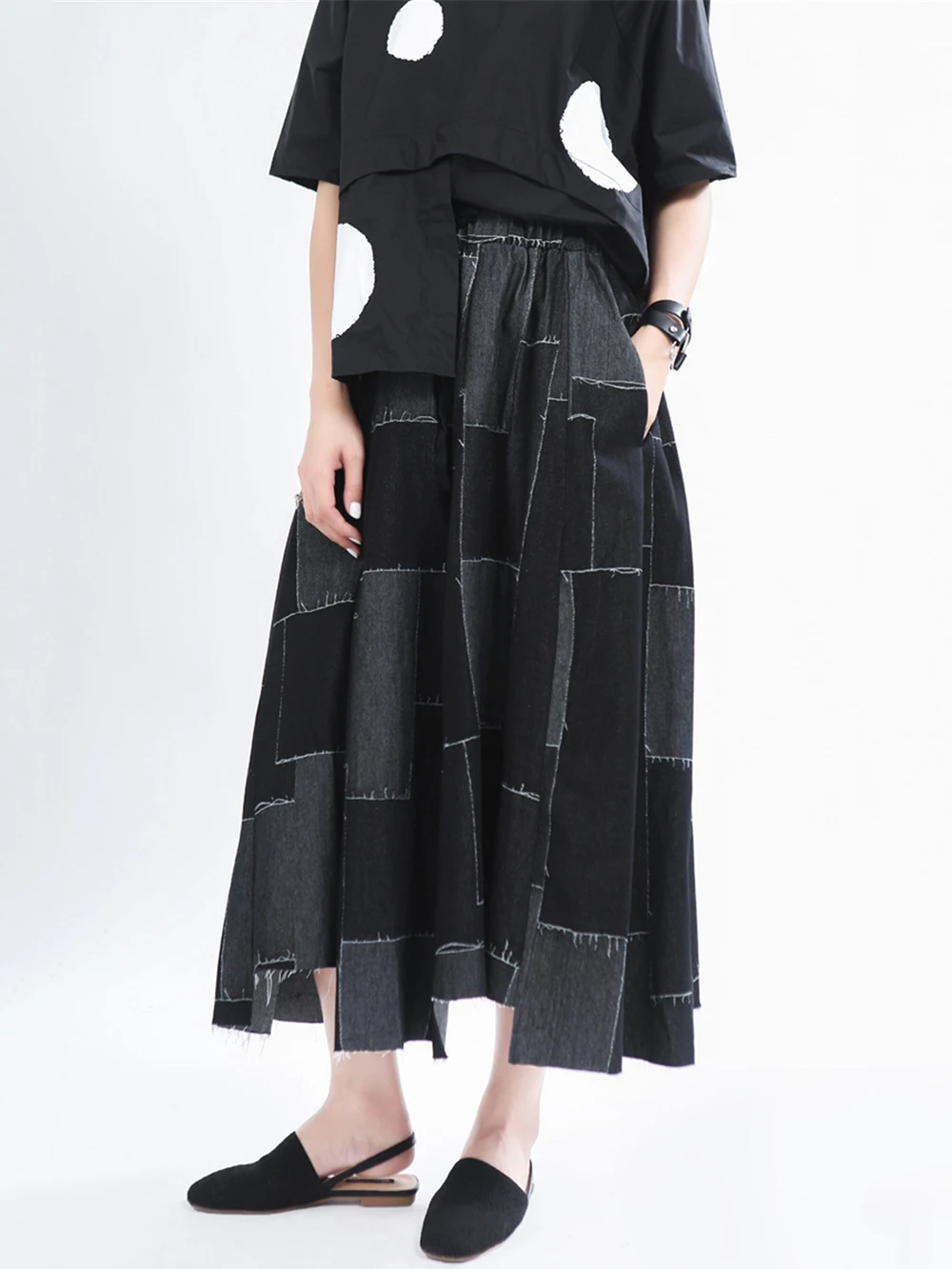 

2020 New Summer Irregular Women Denim Stitching Skirt Original Design Yamamoto Female Printed Fringe Square Skirt  