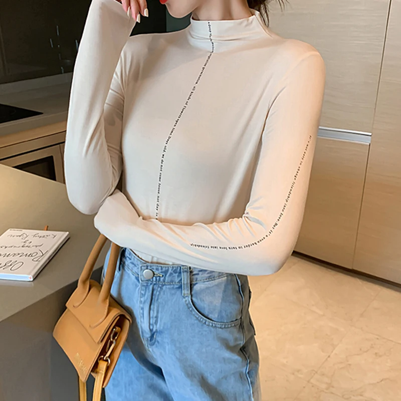 TWOTWINSTYLE Casual White Women's T Shirt Turtleneck Long Sleeve Slim Korean Shirts For Women 2019 Autumn Large Size Fashion New (5).jpg_.webp
