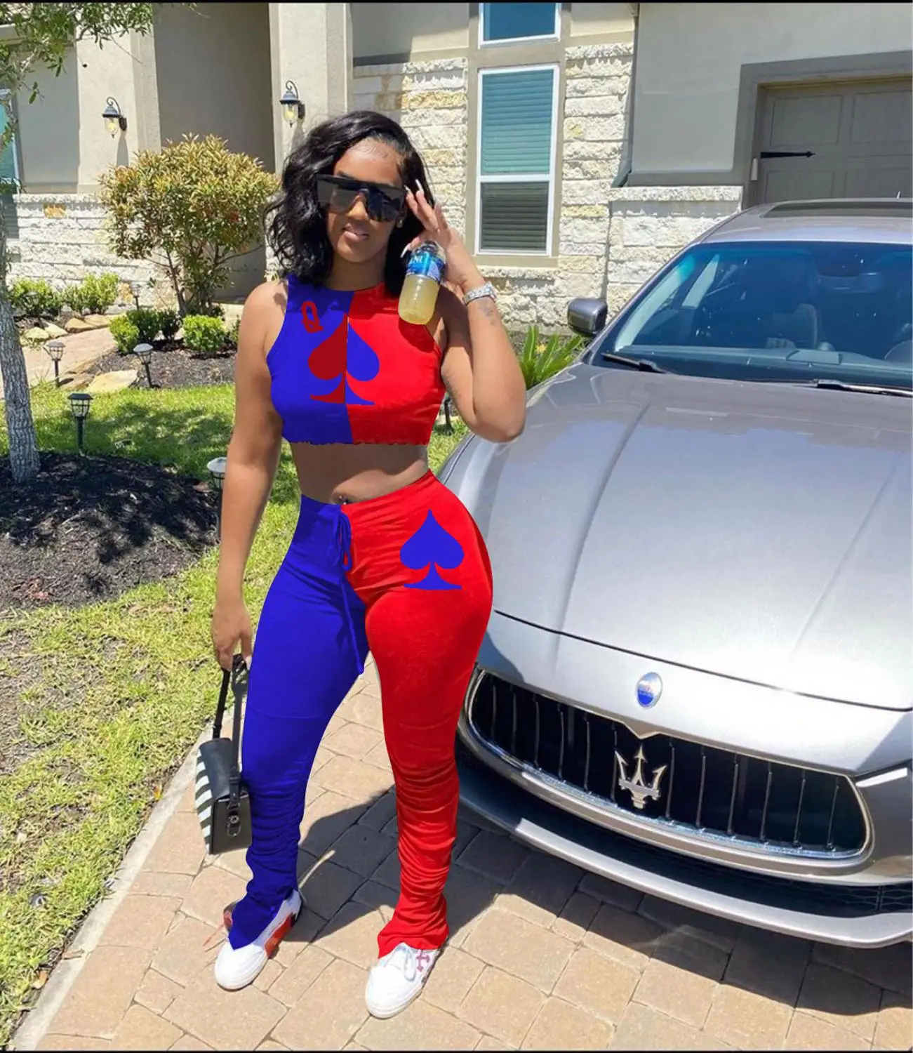 

New Patchwork Women Set Two Pieces Set Tracksuit Spade Q Poker Card Tops Stacked Jogger Sweatpant Suit Outfit Matching Set