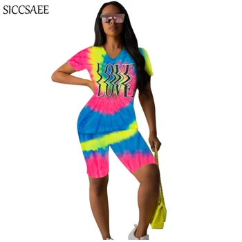 

Muted Gradient Color Letter Printed V Neck Tee Short Sleeve Knee Length Pants Sweat Suit 2 Piece Set Women Casual Playsuits 2019