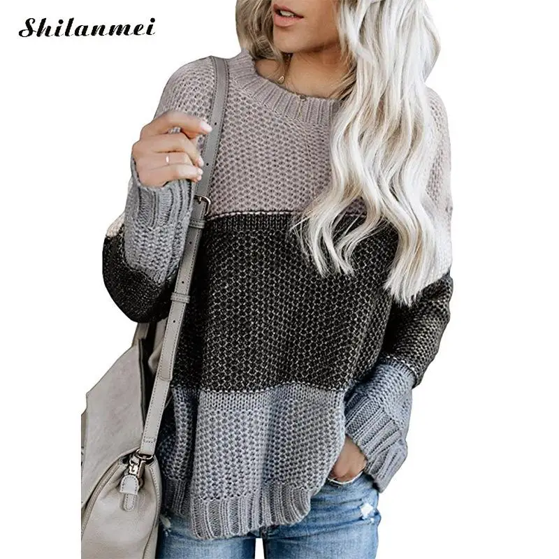 Осенние женские свитера оверсайз вязаные пуловеры хаки уличная мода цветной модульный пуловер женские свитера с длинными рукавами - Цвет: purple