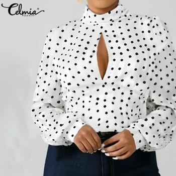 

2020 Fashion Women Blouses Celmia Sexy Hollow Polka Dot Print White Shirt Summer Lantern Long Sleeve Chiffon Top Casual Blusas 7