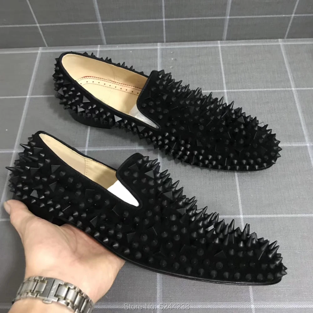 Low Cut heel Handmade Black Suede Leather messy Rivets Party Prom Loafers Thick Red bottoms for men casual loafers Dress shoes