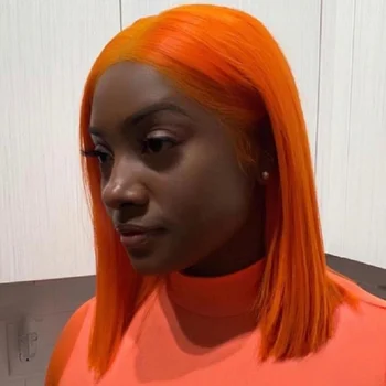 

Ombre Colored Lace Front Human Hair Wigs For Black Women 13*4 Short Straight Bob Orange 130% Brazilian Remy Pre Plucked Bleached