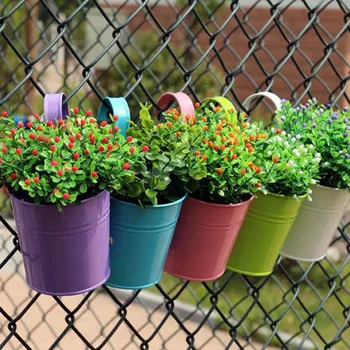 

High Quality 10 Colors Hanging Flower Pots Hook Wall Pots Garden Pots Balcony Planters Metal Bucket Flower Holders Home Decor