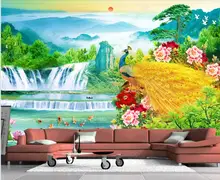 

3d wallpaper with custom photo mural Golden Peacock Waterfall Flowers Scenery room home decor 3d photo wallpaper on the wall