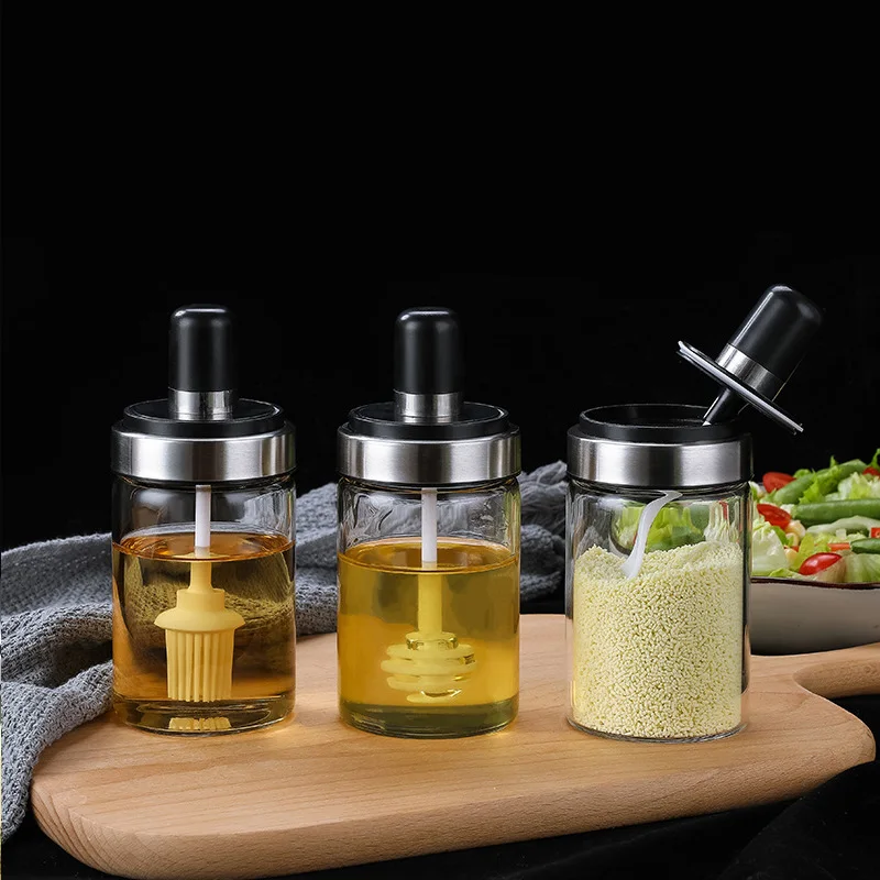 

Glass Stor Seasoning Cruet Cover Spoon Herb Spice Tools Seasoning Jar with Barbecue Brush Honey Jar Spoon Home Kitchen Supplies