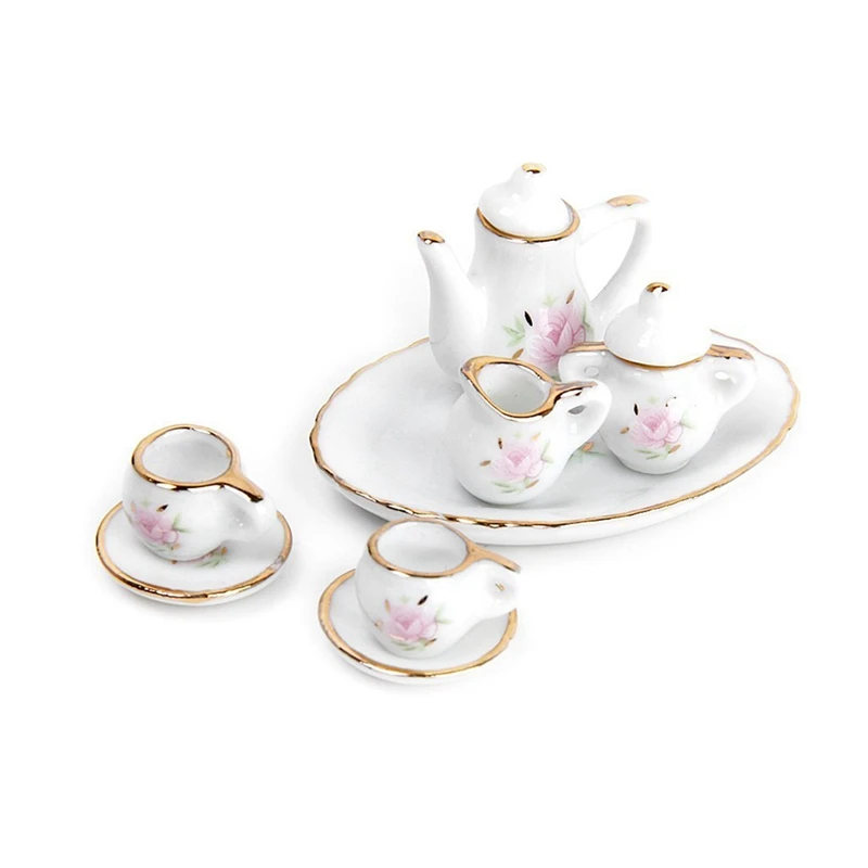 

2 Set 1:12 Dollhouse Miniature Flower Print Pattern Porcelain Tea Set Plate Cup Plate White, 1 Set Retro & 1 Set Pastel Rose