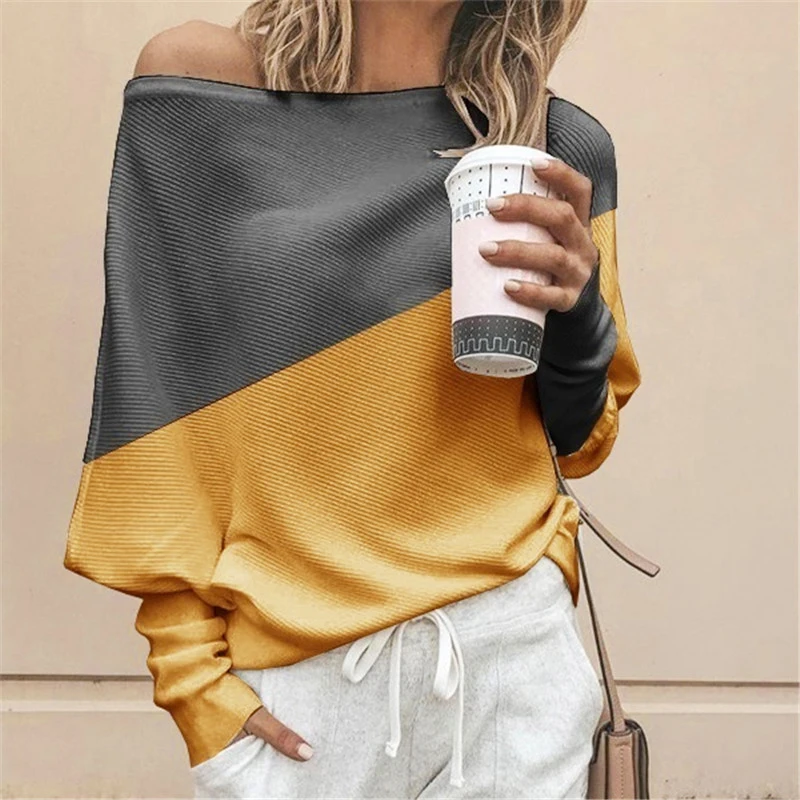 Blouses Women Color Collision Fashion White Blouse Patchwork Off Shoulder Top Puff Sleeve Women's Long Plus Size Knitted |