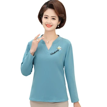 

Women Cotton V-Neck Tee Tops Long Sleeves T Shirts 2020 New Spring Fall Embroidery Bottom Shirt Middle Age Mother Clothes