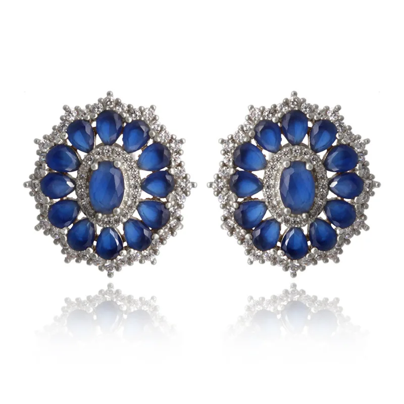 

Europe And America Popular Ornament Top Grade Diamond Set 3A Zircon Sapphire Gold Plated Ear Stud Women's Fashion Shield-Shaped