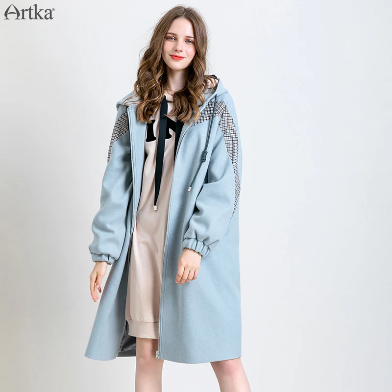 ARTKA зимнее Новое Женское шерстяное пальто модное повседневное клетчатое Соединенное шерстяное пальто с капюшоном длинная теплая верхняя одежда для женщин WA15291D
