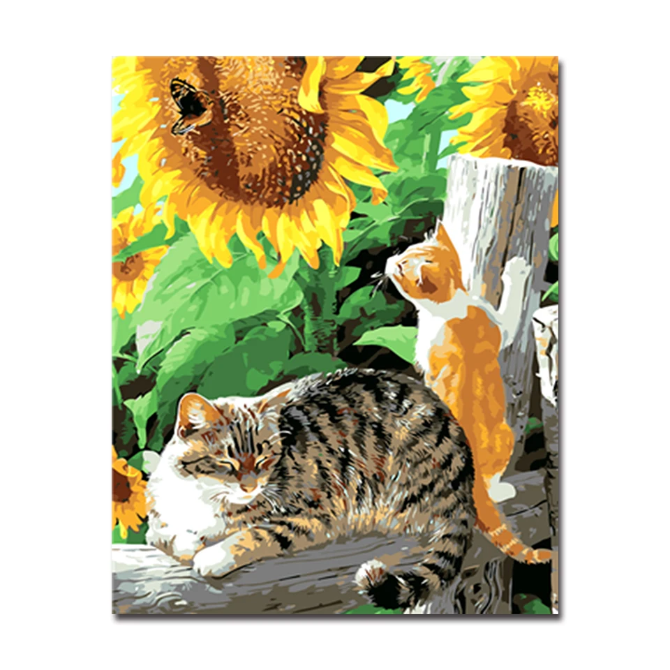 

Sunflower and Cat Diy Digital Painting By Numbers Modern Canvas Painting Hand Painted Home Wall Art Picture Unique Gift