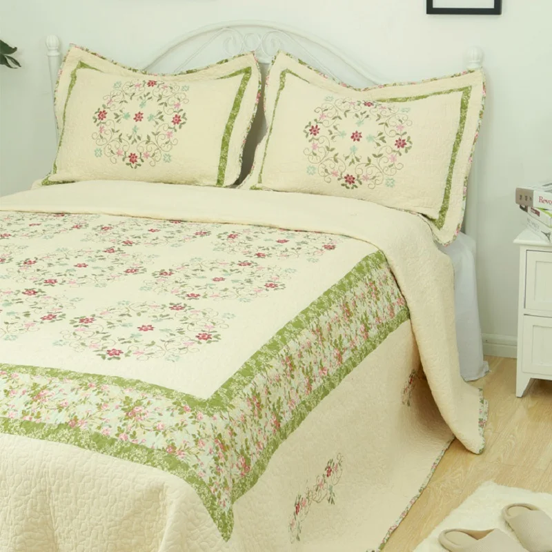 

CHAUSUB Bedspread 100% Cotton Quilt Set 3PCS American Embroidered Quilts Bed Cover Pillowcase King Queen Size Summer Coverlets