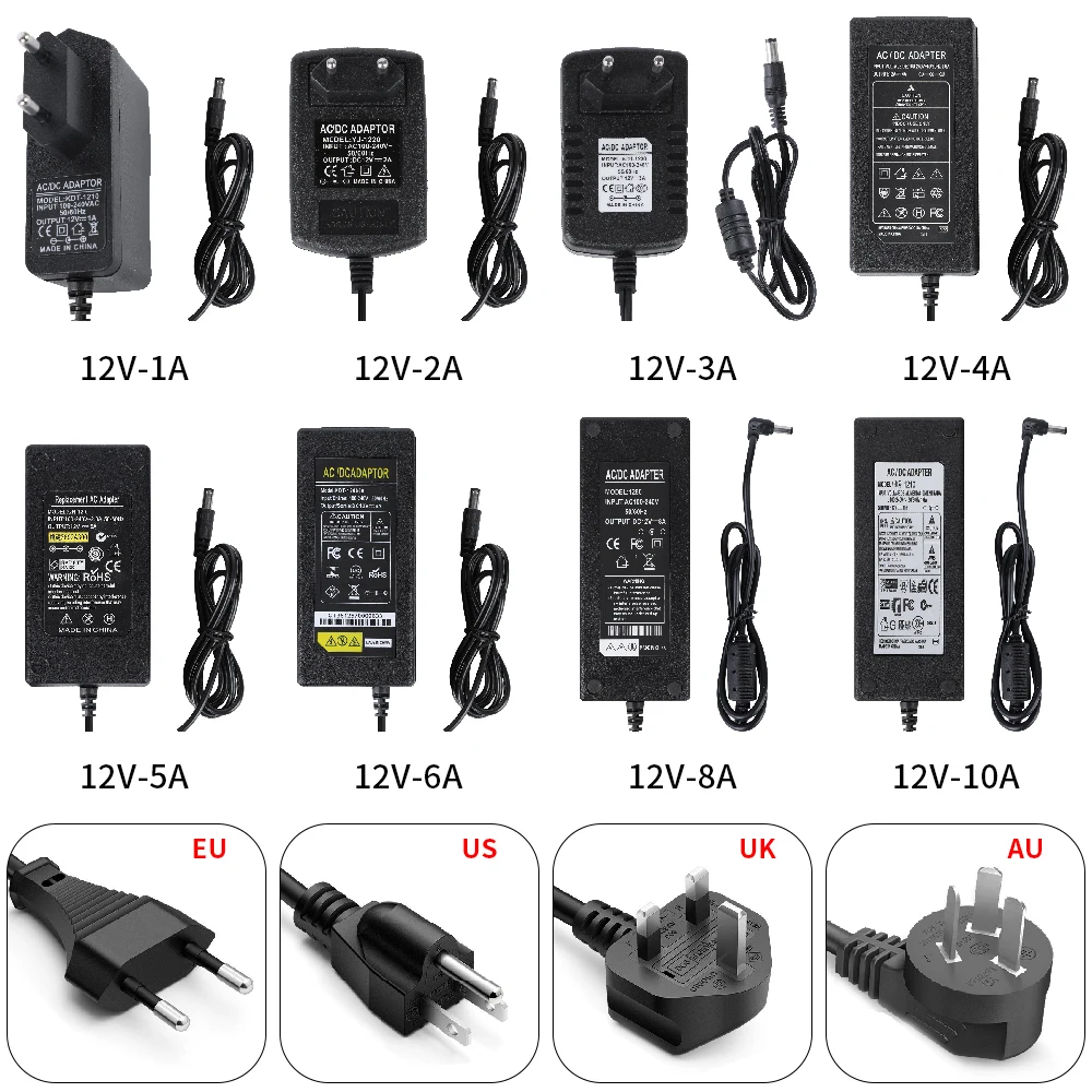 

Power Adapter Supply AC 110/240V To DC 12v-1A 2A 3A 4A 5A 6A 8A 10A Lighting Transformer LED Strip Power Adapter