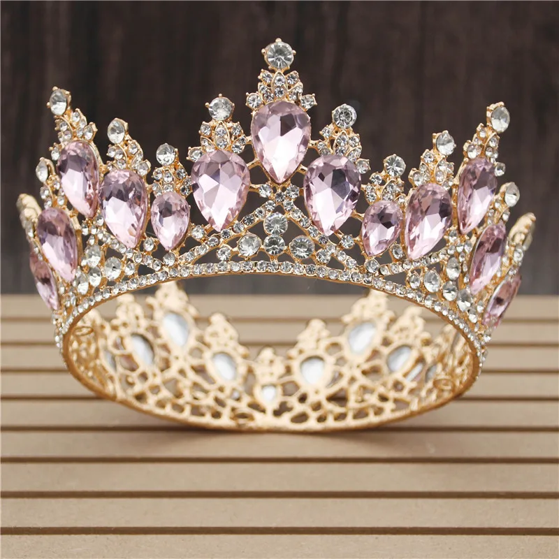 Разноцветный свадебный венец со стразами, королевская королева, король, свадебные диадемы и короны, выпускные торжественные украшения, украшения для волос, аксессуары - Окраска металла: Gold Pink
