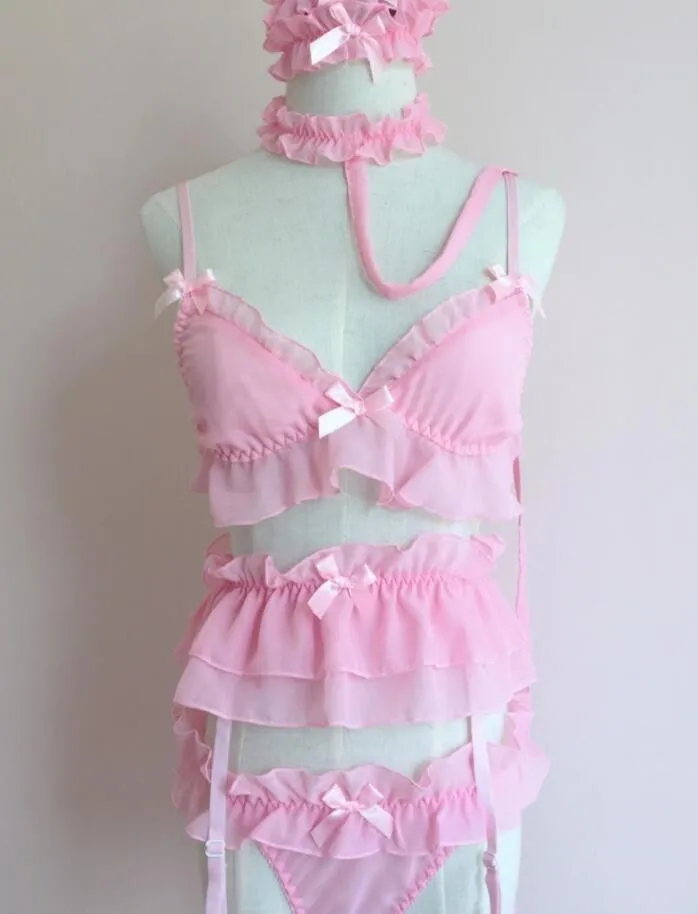 Персиковый Розовый Милый гофрированный ночная рубашка сексуальная тесемка подвязка белье пижамы наборы женские Kawaii горничной косплей кукла - Цвет: Розовый
