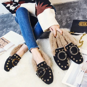

New Arrival Womens Wool Flat Shoes Autumn Winter Plus size Female Metal Buckle Suede Slip On Flats Comfort Driving Loafer Shoes